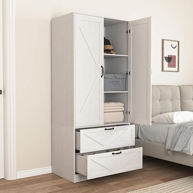 White Armoire Wardrobe Closet with Mirror Door and LED Lights,72" Tall Farmhouse Bedroom Armoire with Drawers and Adjustable Shelves,Wooden Armoire Wardrobe Closet for Bedroom