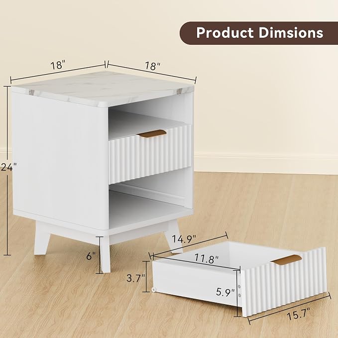 White Nightstand with 2 Drawers, 18" Modern Night Stand with Faux Marble Top, Open Storage Shelf, Fluted Bedside Table for Bedroom, End Table Side Table - Image 2
