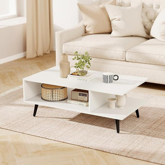 GOFLAME Wood Coffee Table, 2-Tier Mid Century Modern Center Table with 2 Open Storage Compartments & Metal Legs, Rectangular Accent Tea Tables for Living Room, Home Office, Apartment, White