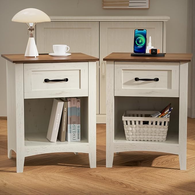 HOMMPA Farmhouse Nightstand with Charging Station Set of 2, Mid Century Modern Night Stand w/Drawer & Open Shelf, Wood Bedside Table Night Table, Rustic End Table for Bedroom, Rustic White - Image 8