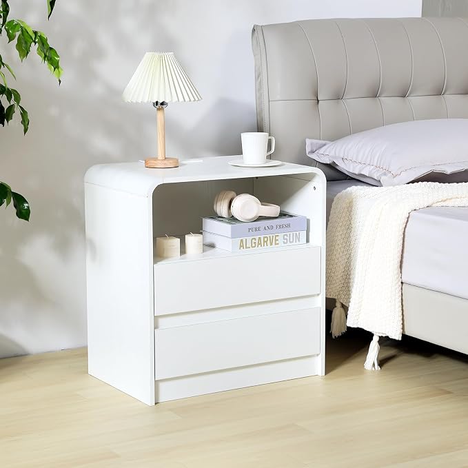 Modern Nightstands with Charging Station, White Night Stand with 2 Drawers, Wood End Table with Storage, 23.6'' Wide Bedside Cabinet for Bedroom by HtThalamic