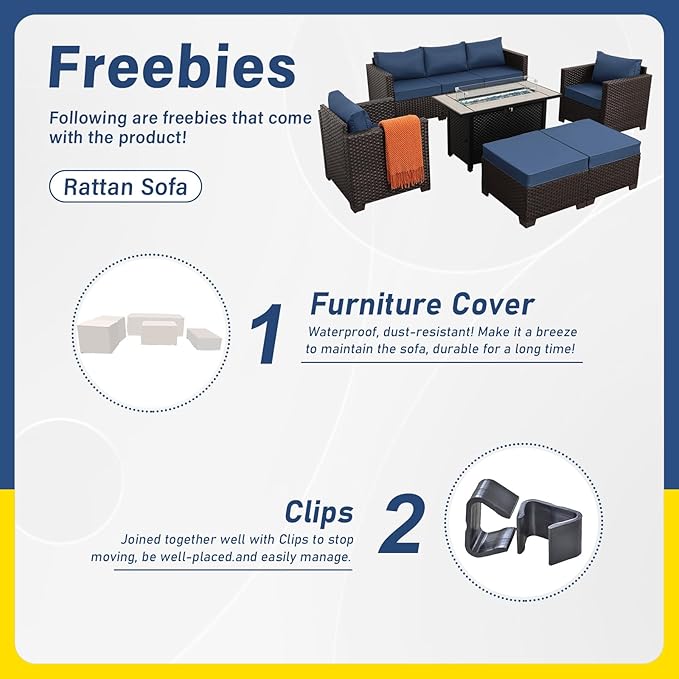 6-Piece Patio Furniture Set Outdoor Furniture Set with 45'' Propane Gas Fire Pit Table Outdoor Conversation Set Wicker Sofa Set Non-Slip Cushions Waterproof Covers, Navy Blue