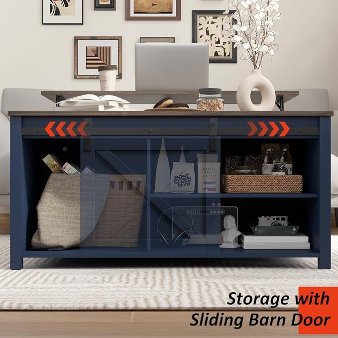 PUKAMI Lift Top Coffee Table with Storage, 31.5" Farmhouse Coffee Table for Living Room, Square Coffee Tables with Large Hidden Storage and Sliding Barn Doors, Navy Blue