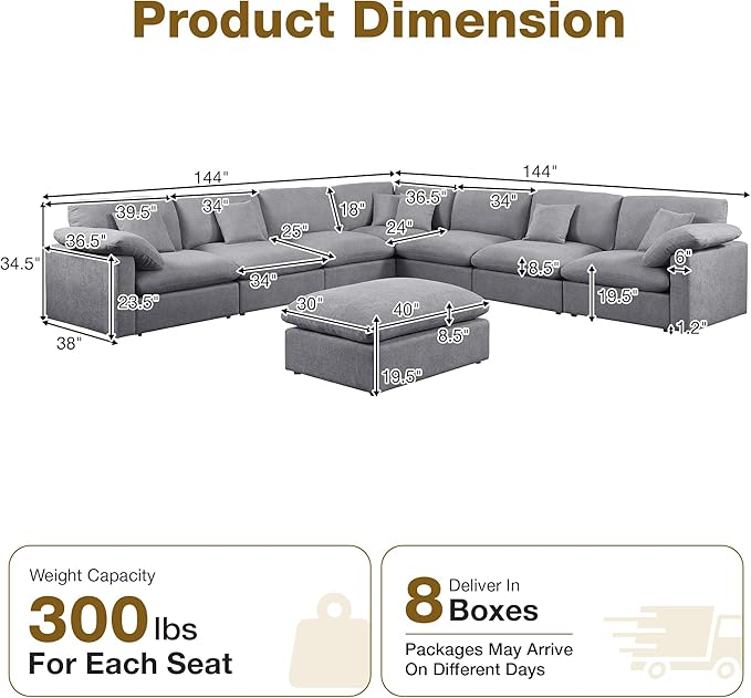 144-Inch Oversized L-Shaped Symmetrical Sectional Cloud Sofa,Modern 8 Seat Modular Cloud Sofa Luxury Convertible Couch with 6 Pillows and Movable Ottoman for Living Room
