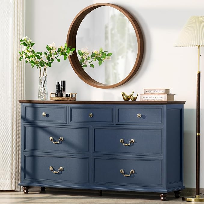 Joaxswe Farmhouse 54" 7 Drawers Dresser for Bedroom, Wide Chest of Drawers w/ 4 Wooden Legs, Vintage Rustic Large Closet Storage Dressers Organizer for Hallway, Wood TV Stand for Living Room, Blue by Joaxswe