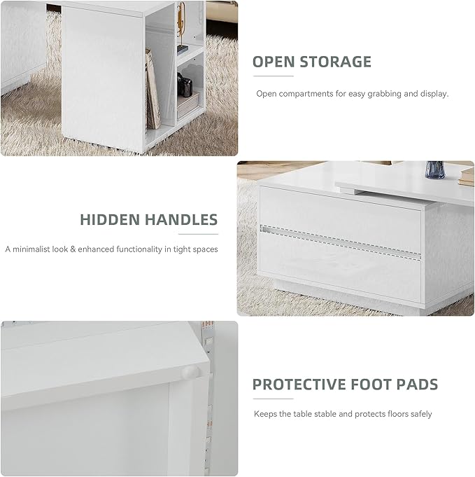 YITAHOME Coffee Table LED Coffee Table with 4 Storage Drawers, Extendable Coffee Tables for Living Room, Modern Wooden Rectangle Cocktail Table with Open Shelves & Sliding Tabletop 35"- 61", White