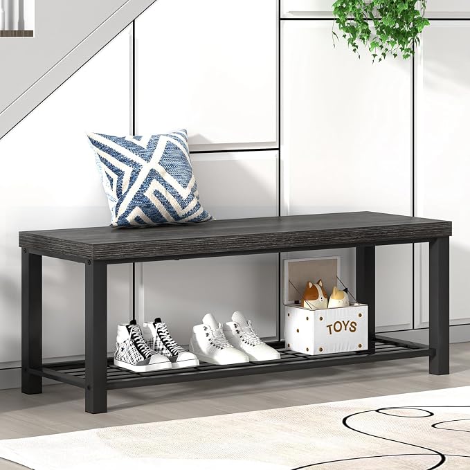 FOLUBAN Shoe Storage Bench, Modern Entryway Bench with Metal Shelf, Industrial Indoor Shoe Bench Seat for Bedroom, Hallway, Living Room, Dark Gray, 47 Inch - Image 4