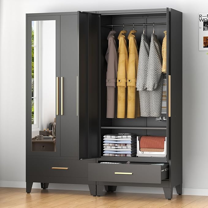 75.3" Tall Metal Armoire Wardrobe Closet with Mirror Doors and Drawer, Adjustable Hanging Rod and Adjustable Shelf, Freestanding Storage Cabinet Organizer for Bedroom, Office, Laundry Room, Black