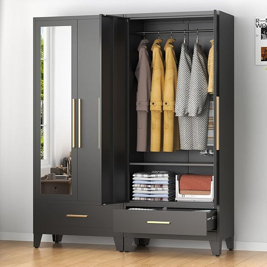 75.3" Tall Metal Armoire Wardrobe Closet with Mirror Doors and Drawer, Adjustable Hanging Rod and Adjustable Shelf, Freestanding Storage Cabinet Organizer for Bedroom, Office, Laundry Room, Black