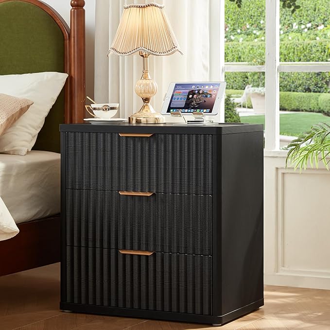 LEYAOYAO 48" Wide Fluted Dresser and 3 Drawers 23" Nightstand Set of 2, Wooden Dresser & Night Stand with Charging Station, 3 Piece Bedroom Furniture Set, Chest of Drawer for Living Room,Black