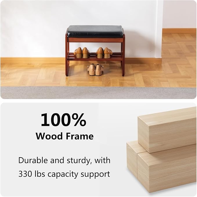Solid Wood Shoe Bench, 2-Tier Wooden Entryway Bench, Modern Shoe Rack with Faux Leather Cushion for Hallway, Living Room (Black, 21.65'') - Image 5