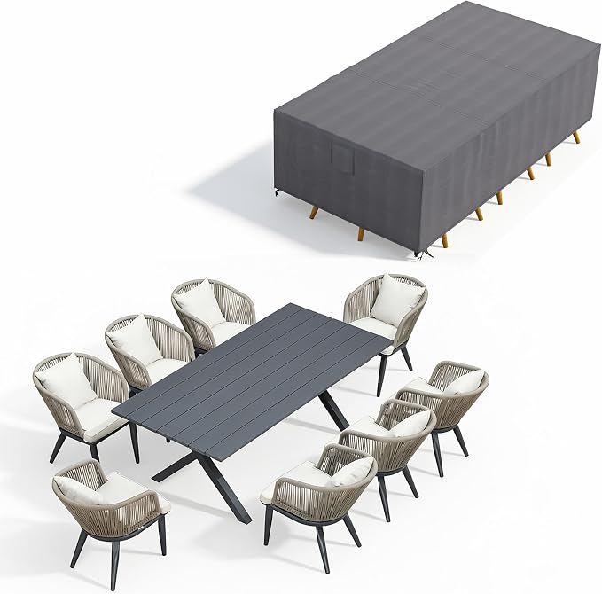 PURPLE LEAF 9 Pieces Patio Dining Set with Waterproof Furniture Cover Rectangular Table and Chairs Set for Garden Deck Aluminum Frame Backyard Kitchen Set, Cushions and Pillows Included Taupe by PURPLELEAF