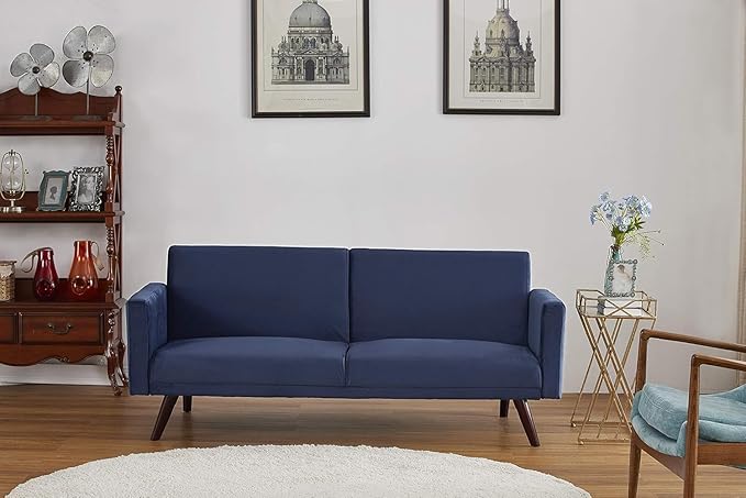 72" Retro Velvet Sofa Bed - Vintage Modern Convertible Futon w/Reclining Backrest - Velvet Upholstery on Solid Wood Frame (72" L x 34.6" W x 30.23" H), Dark Blue