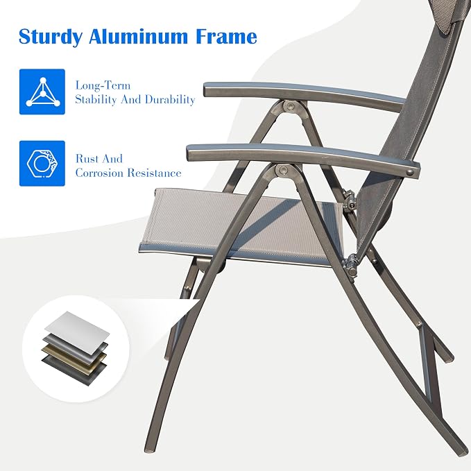Domi Patio Folding Chairs Set of 2, Outdoor Reclining Chairs Set with Moveable Headrest, Aluminum Frame Outdoor Patio Portable Chairs with Adjustable High Backrest and Textilene Fabric Seat - Image 6