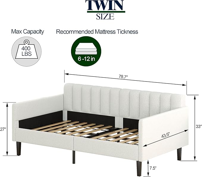Christopher Knight Home Elena Twin Size Upholstered Daybed, Futon Sofa Bed Ribbed Tufted Backrest Lavish Modern Design, Couch Bed Frame for Bedroom Living Room Guest Room Apartment, Ivory Boucle