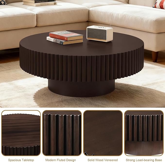 Rovibek Fluted Round Coffee Table, Wooden Coffee Table with Fluted Base, 31.5" Circle Living Room Table for Living Room Apartment Office Small Space, Easy Assembly, Brown
