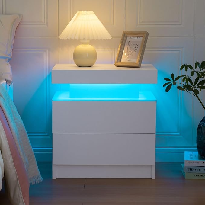 Bingoday Nightstand Set of 2 LED Nightstand with 2 Drawers, Bedside Table with Drawers for Bedroom Furniture, Side Bed Table with LED Light - Image 3