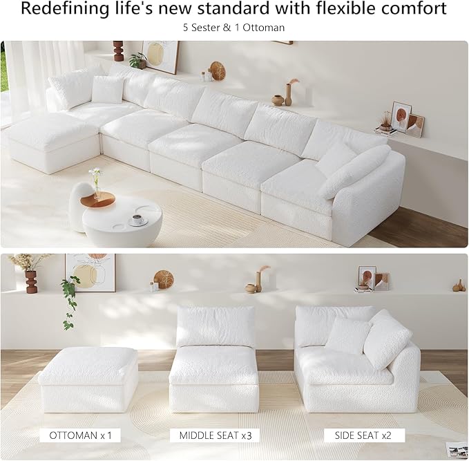 Modular Sectional Sofa Boneless Cloud Couch for Living Room, L Shape Deep Seat Recliner Sofa with Ottoman, Adjustable Backrest & 2 Throw Pillows - Covers Washable, (White, 5 Seater+1 Ottoman)