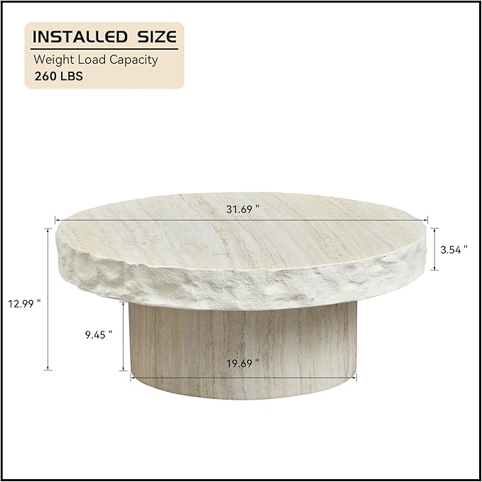 Round Coffee Table, 31.69" Fiberglass Faux Marble Pattern Imitation Stone Table Cement Center Table for Living Room Apartment