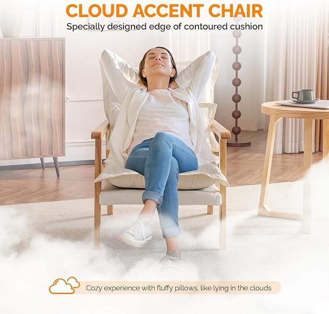 VINGLI Mid-Century Modern Cloud Accent Armchairs Set of 2 with Lumbar Pillow, 6.3'' Thick Seat Cushion Reading Chairs with Wooden Armrests, Boho Lounge Chair for Bedroom, Living Room, Chenille, Beige