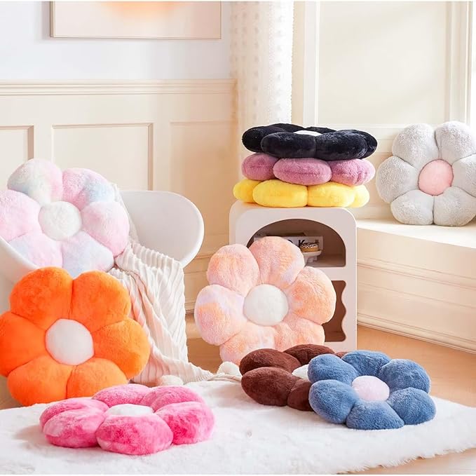 Kcvvcr Flower Pillow Cute Decorative Throw Pillow with Faux Rabbit Fur Soft Daisy Plush Floor Cushion Aesthetic Flower Shaped Pillow Home Decor for Bed Sofa Couch (Dusty Blue, 17.7 Inch)