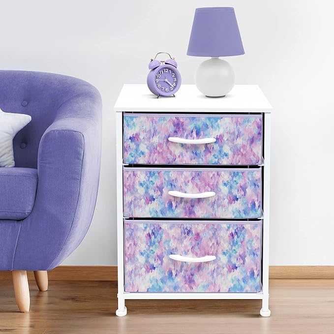 Sorbus Nightstand Storage Organizer with 3 Drawers - Kids Girls, Boys Bedroom Furniture Storage Chest for Clothes, Closet Organization - Steel Frame, Wood Top, Tie-dye Fabric Bin (Blue/Pink/Purple) - Image 6