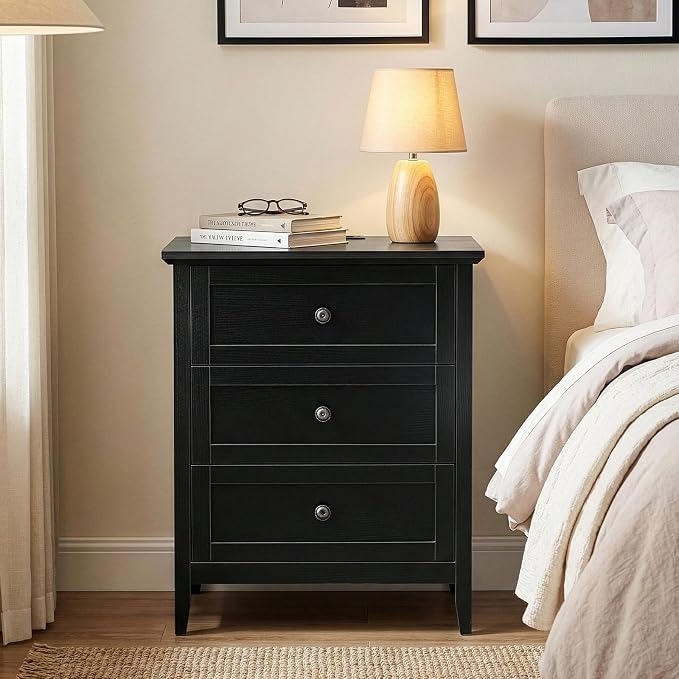 Karl home Farmhouse Nightstand with Charging Station, Wide End Table with 3 Large Drawers & Mental Handles, Wood Small Side Table of Drawers for Bedroom, Closet, Black - Image 11