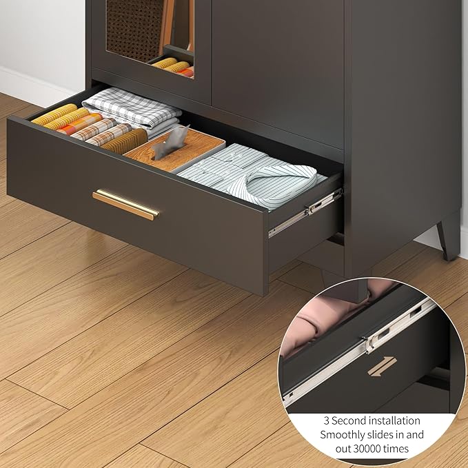 75.3" Tall Metal Armoire Wardrobe Closet with Mirror Doors and Drawer, Adjustable Hanging Rod and Adjustable Shelf, Freestanding Storage Cabinet Organizer for Bedroom, Office, Laundry Room, Black