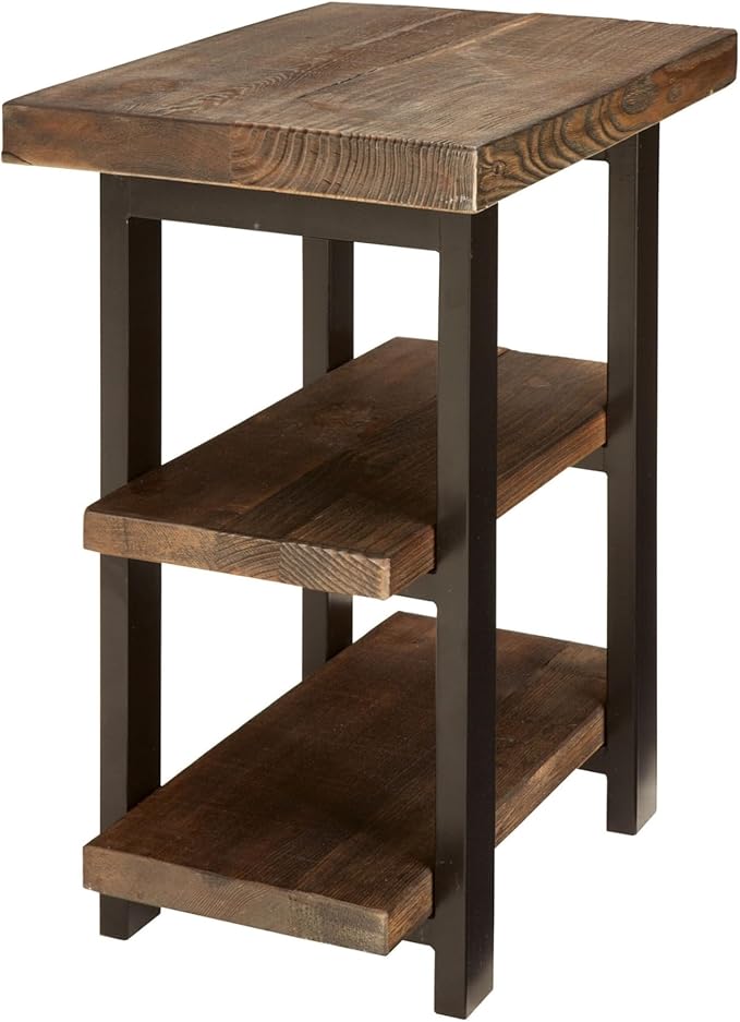 Alaterre Furniture Pomona Living Room Tables – 3-Tier Solid Wood End Table with Metal Legs & Storage Shelves – Modern Rustic Industrial Space-Saving Side Table or Nightstand (Rustic Brown)