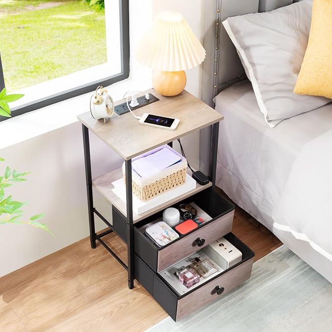 LOAKEKEL Night Stand Set 2, LED Nightstand with Charging Station, End Tables with Storage Shelf, Bedside Table with 2 Fabric Drawers for Bedroom, Small Spaces, Grey HETS02PGY - Image 6