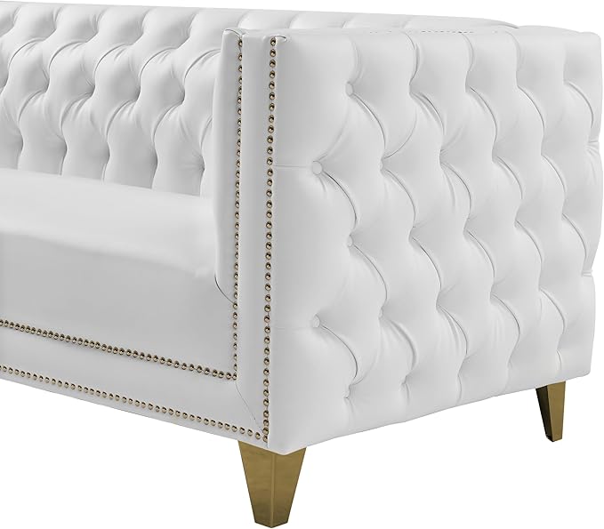 Meridian Furniture 651White-L Michelle Collection Modern | Contemporary Loveseat with Deep Button Tufting, Gold Nailhead Trim and Sturdy Gold Iron Legs, White Vegan Leather, 66" W x 34" D x 30" H