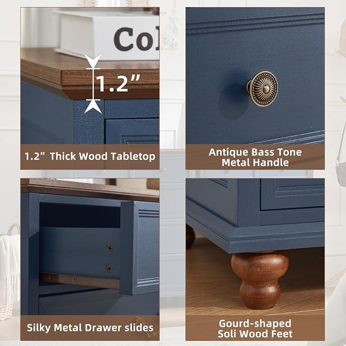 Joaxswe Farmhouse 5 Drawer Dresser for Bedroom, 35" Tall Rustic Chests of Drawers w/ 4 Solid Wood Feet, Mid Century Modern Wooden Closet Storage Dressers Organizer for Living Room, Hallway,Blue - Image 5