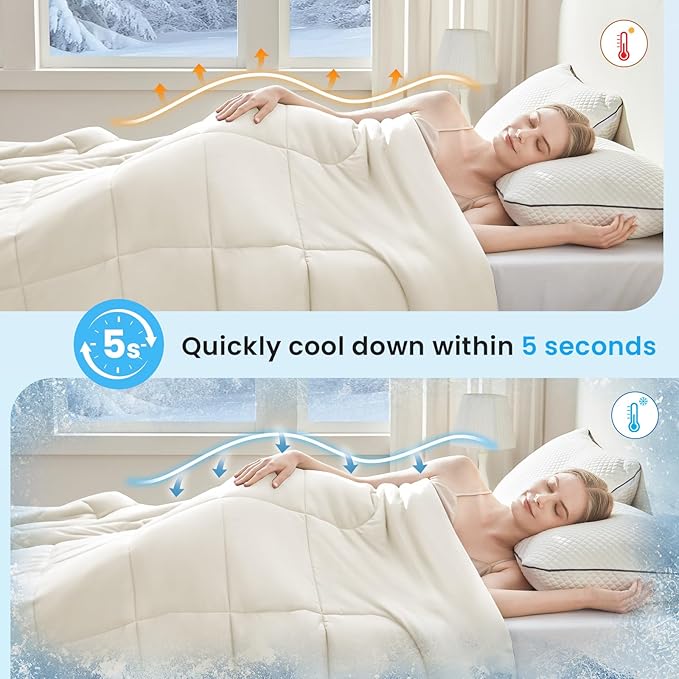 HYLEORY Cooling Comforter Queen Size - Summer Cooling Blanket for Hot Sleepers/Night Sweats, Double-Sided Cold Touch Silky Ice Comforters, Breathable Lightweight Beddings, Cool Cream, 90"x90"