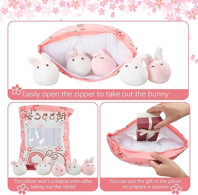 Civaner Kawaii Bunny Plush Pillow Cute Room Decor Cherry Blossom Throw Pillow Pink Removable Stuffed Animal Fluffy for Easter Home Birthday Spring Sakura Gifts Bag
