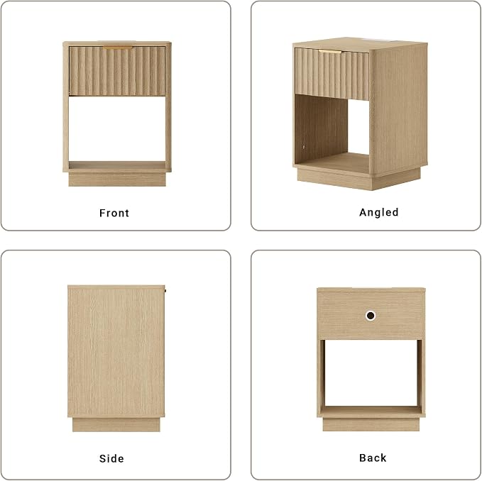 Fluted Nightstand, Modern Night Stand, Nightstand with Charging Station, Wooden End Table with Drawer & Open Shelf, Bedside Table for Bedroom Sofa Home Office, Curved Corners, Natural Oak - Image 7