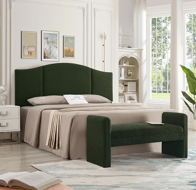 24KF Modern Upholstered Bed Bench Covered with Soft Boucle Teddy Fabric, Lovely Entryway Bench Ottoman with Armrest,5062-Dark Green - Image 9