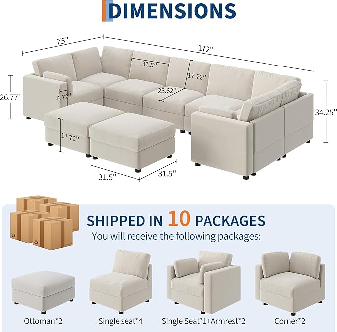 IDEALHOUSE 172" Modular Sectional Sofa, 9 Seater Sectional Couch, U-Shape Modern Sofa with Ottoman, Deep Seat, Oversized Convertible Modular Couch for Living Room Apartment Office, Chenille, Beige