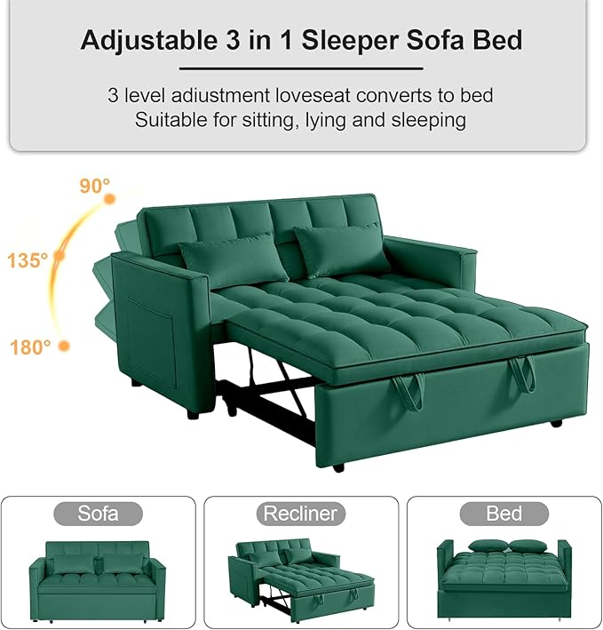3 in 1 Pull Out Sofa Bed, 54" Sleeper Sofa Bed with 3-Level Adjustable Backrest, Velvet Fabric Loveseat Sleeper Couch for Living Room & Bedroom & Apartment & Dorm Furniture, Green