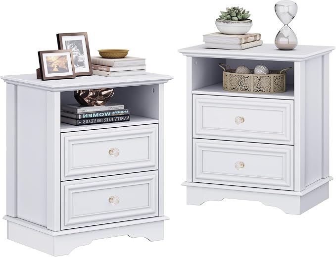 Yechen White Nightstand Set of 2, 25" Tall Farmhouse Bedside Table with Hidden Drawer and 1 Open Shelf, Wood Rustic Night Stand with Drawers for Bedroom by Yechen