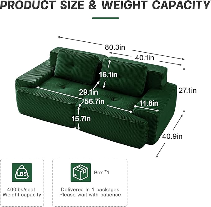 Casaphoria 80'' Corduroy Couch Sectional, 2 Seater Boneless Couches for Living Room, Green Modular Cloud Sofa with 2-Pillow, Extra Deep Seat Sofa with No Assembly