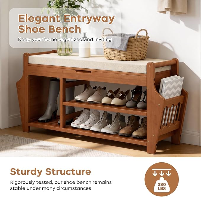 oakvivo 47.2in Shoe Bench Entryway - Bamboo Shoe Rack Bench with Storage, Shoe Rack Organizer with Cushion, 2 Side Holder, Holds Up tp 330lbs for Front Door Entrance, Living Room - Image 8