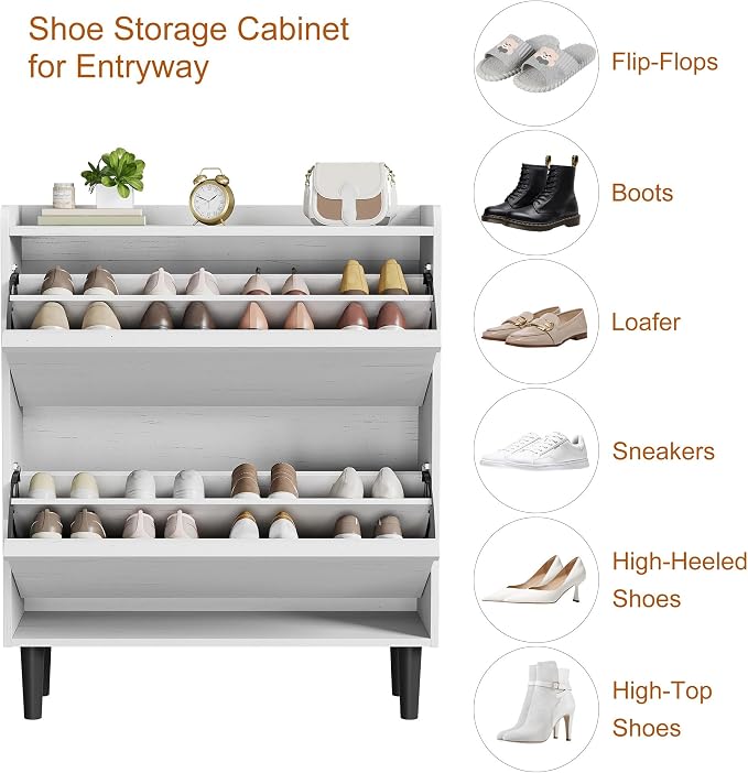 GarveeHome Shoe Cabinet with 2 Flip Drawers, Wooden Shoe Organizer with Adjustable Shelf, Shoe Storage for Entryway, Hidden Shoe Cabinet for Hallway, Living Room, White - Image 5