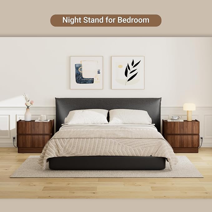 Night Stand Set 2, 23" Wide Nightstands Set of 2, Handleless 2 Drawer Nightstand with Charging Station, Walnut End Table w/Storage, Modern Wooden Bedside Table for Bedroom, Rounded Corners - Image 3