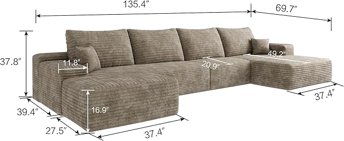 135" U Shaped Sectional Couch with Ottoman, Large Sectional Couches for Living Room, Plush Corduroy Convertible Sleeper Sofa, Compressed Foam Sofa in a Box No Assembly, Left Facing Chaise, Camel