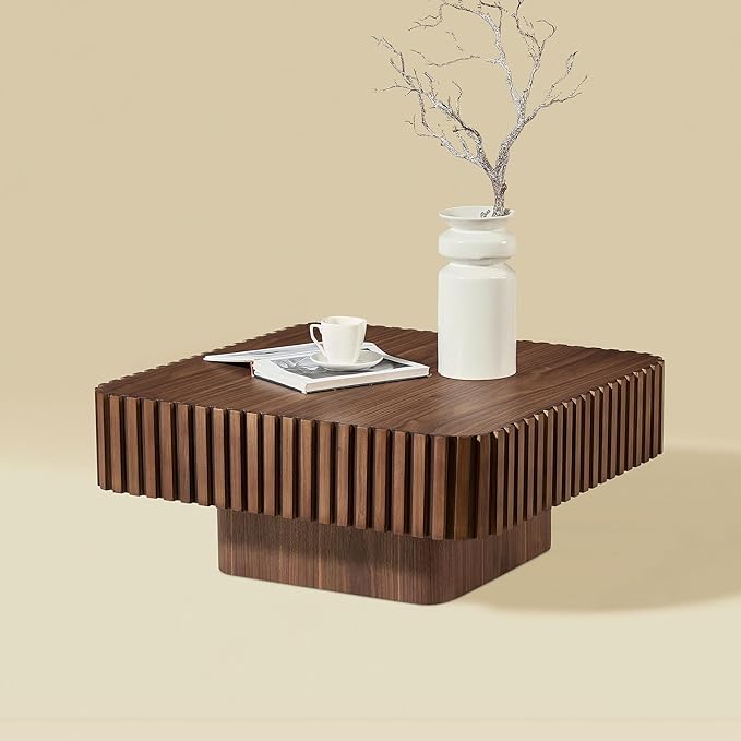 WILLIAMSPACE 31.5" Square Coffee Table with Sturdy Base, Modern Luxury Wood Drum Center Table Accent End Side Table for Living Room, Minimalist Fluted Design, Walnut