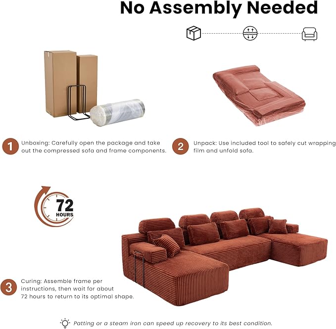 141" U-Shaped Cloud Modular Sectional Sofa with Chaise & Headrest, Boneless Deep Seat Plush Corduroy Couches for Large Living Room, No Assembly Required (Orange, 141" U-shapred Chaise)