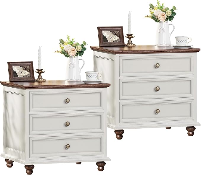 Joaxswe 24" Wide Farmhouse Night Stand Set of 2,Large End Table with 3 Drawers & Metal Handle,White Wood Dresser for Bedroom, Bed Side Table Chest of Drawers Cabinet, Nightstand for Living Room,Closet by Joaxswe