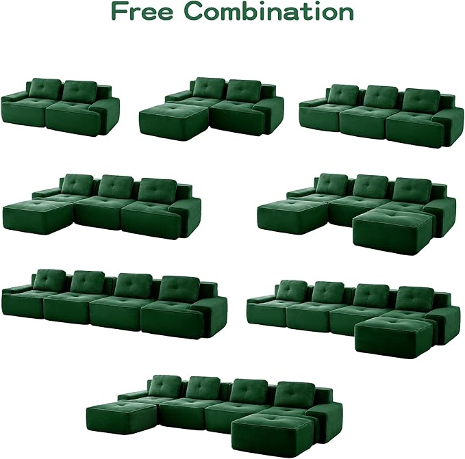 Casaphoria 150'' Green Corduroy Cloud Couch, 4-Seater Boneless Sectional Sofa with 4 Pillows for Living Room, Deep Seat Sofa, No Assembly Required