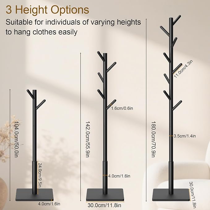 Coat Rack Freestanding with Stable Square Base for Cloathes, Hat, Used in Bedroom, Office and Entryway, Sturdy and Easy Assembly Coat Tree with 3 Adjustable Sizes and 8 Hooks, Black - Image 6