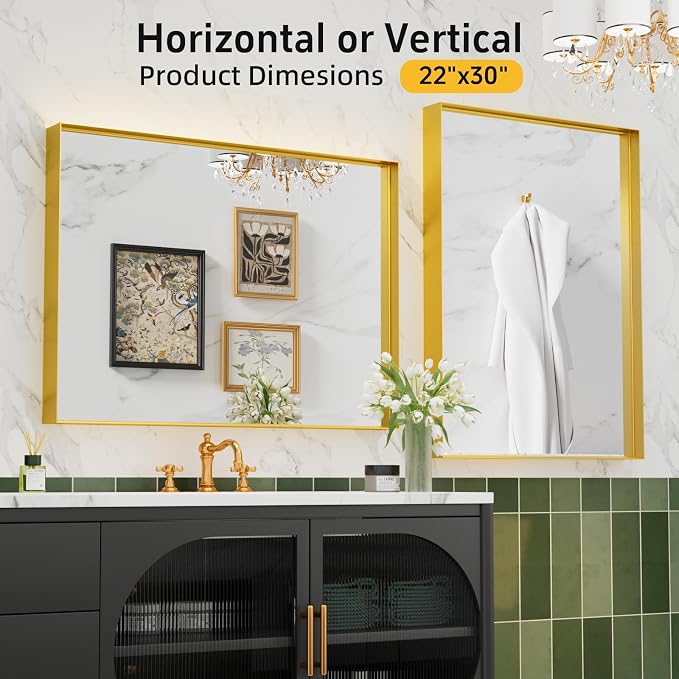 22x30 Inch Gold Bathroom Mirrors for Over Sink, Rectangular Vanity Mirror, Wall Mounted Mirrors, Anti-Rust, Tempered Glass, Framed Vanity Mirror, Horizontal or Vertical - Image 5